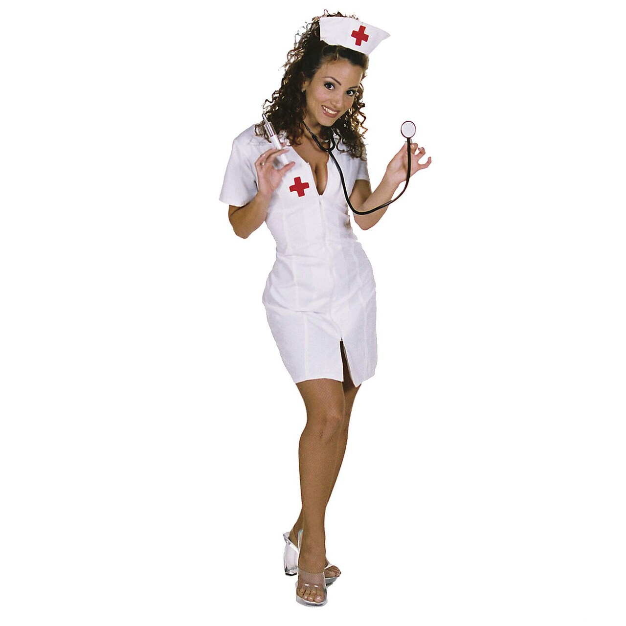 Womens Nurse Costume with Low Cut Zipper Front Form Fitting Dress and Hat